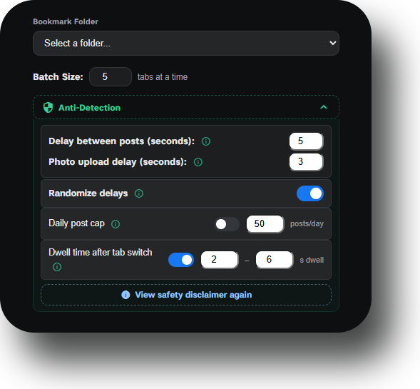 Anti-detection settings – configurable delays, randomisation, and daily post cap